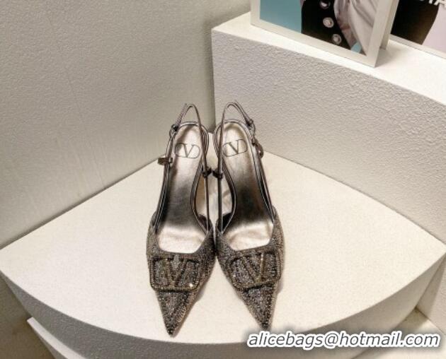 Most Popular Valentino VLogo Slingback Pumps 8cm in Toile Iconographe Strass Dark Grey 612049