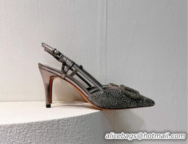 Most Popular Valentino VLogo Slingback Pumps 8cm in Toile Iconographe Strass Dark Grey 612049