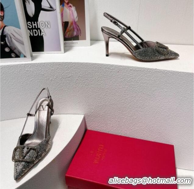 Most Popular Valentino VLogo Slingback Pumps 8cm in Toile Iconographe Strass Dark Grey 612049