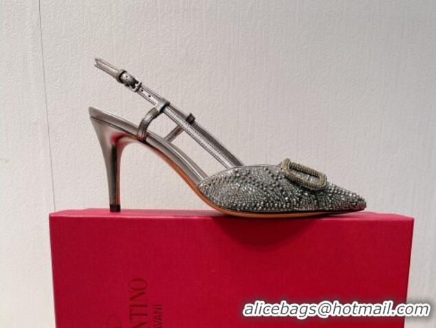 Most Popular Valentino VLogo Slingback Pumps 8cm in Toile Iconographe Strass Dark Grey 612049