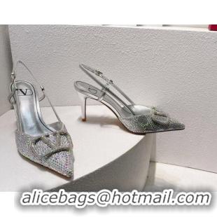 Popular Style Valentino VLogo Slingback Pumps 8cm in Toile Iconographe Strass Silver/Grey 612050