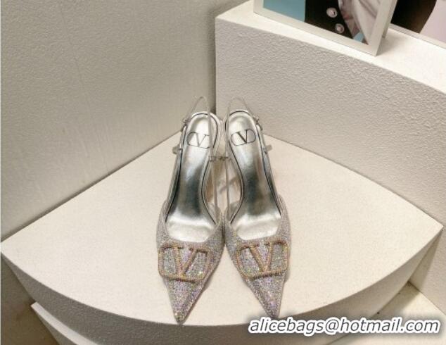 Popular Style Valentino VLogo Slingback Pumps 8cm in Toile Iconographe Strass Silver/Grey 612050