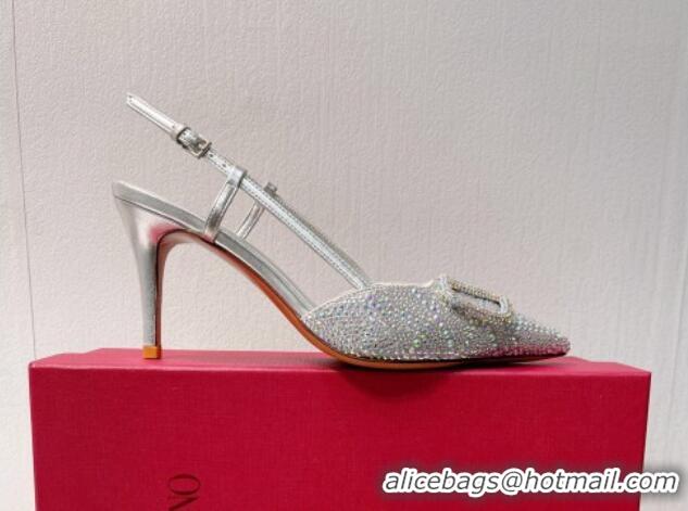 Popular Style Valentino VLogo Slingback Pumps 8cm in Toile Iconographe Strass Silver/Grey 612050