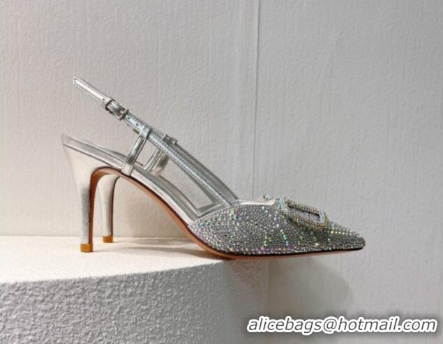 Popular Style Valentino VLogo Slingback Pumps 8cm in Toile Iconographe Strass Silver/Grey 612050