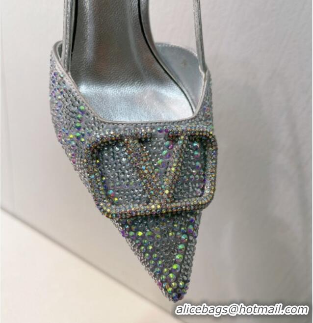 Popular Style Valentino VLogo Slingback Pumps 8cm in Toile Iconographe Strass Silver/Grey 612050