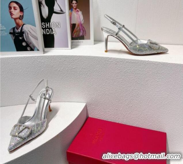 Popular Style Valentino VLogo Slingback Pumps 8cm in Toile Iconographe Strass Silver/Grey 612050