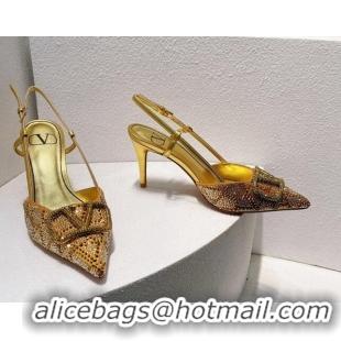 Good Quality Valentino VLogo Slingback Pumps 8cm in Toile Iconographe Strass Gold/Brown 612051