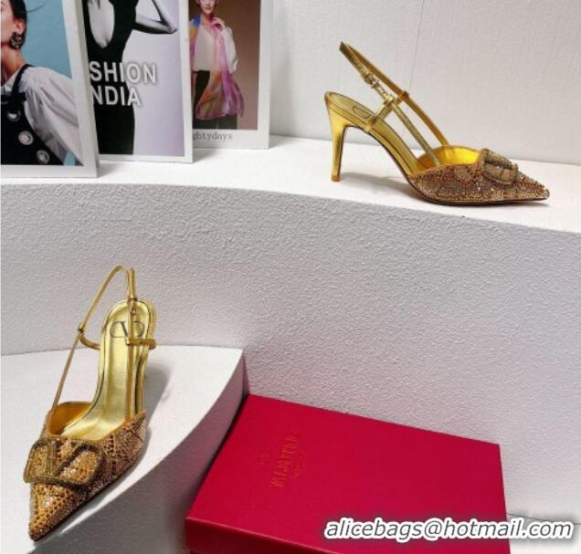 Good Quality Valentino VLogo Slingback Pumps 8cm in Toile Iconographe Strass Gold/Brown 612051