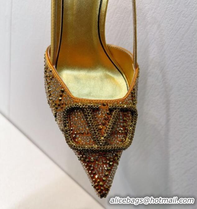 Good Quality Valentino VLogo Slingback Pumps 8cm in Toile Iconographe Strass Gold/Brown 612051