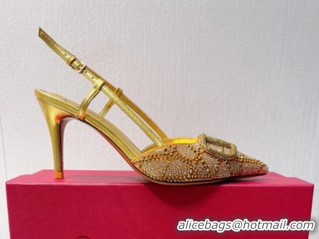 Good Quality Valentino VLogo Slingback Pumps 8cm in Toile Iconographe Strass Gold/Brown 612051