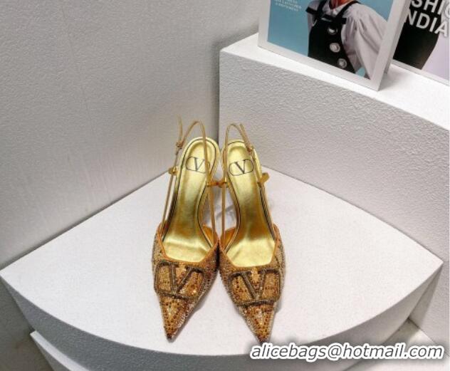 Good Quality Valentino VLogo Slingback Pumps 8cm in Toile Iconographe Strass Gold/Brown 612051