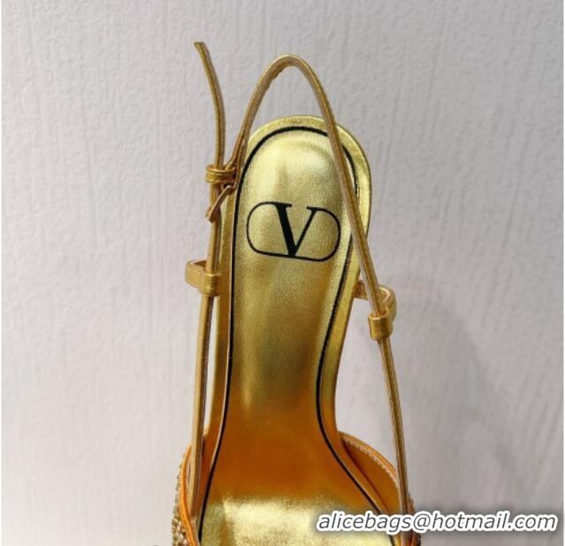 Good Quality Valentino VLogo Slingback Pumps 8cm in Toile Iconographe Strass Gold/Brown 612051