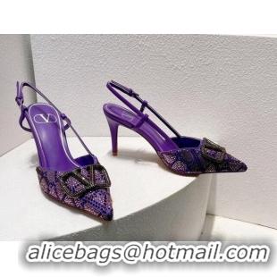 Hot Style Valentino VLogo Slingback Pumps 8cm in Toile Iconographe Strass Dark Purple 612052