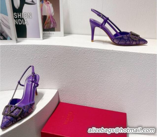 Hot Style Valentino VLogo Slingback Pumps 8cm in Toile Iconographe Strass Dark Purple 612052