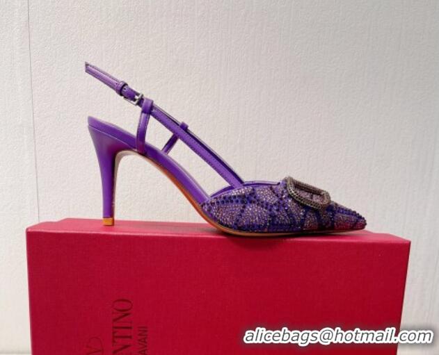 Hot Style Valentino VLogo Slingback Pumps 8cm in Toile Iconographe Strass Dark Purple 612052