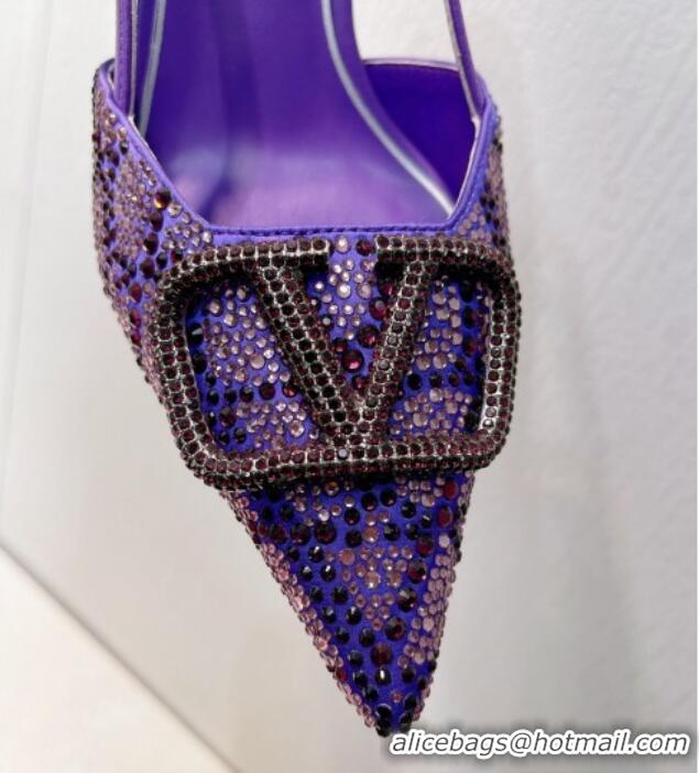 Hot Style Valentino VLogo Slingback Pumps 8cm in Toile Iconographe Strass Dark Purple 612052