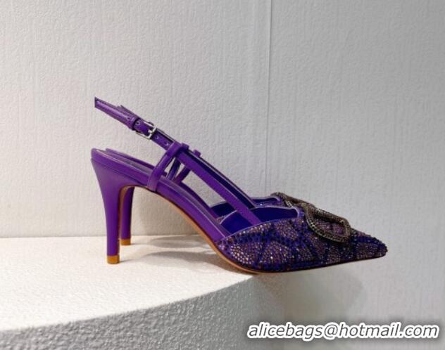 Hot Style Valentino VLogo Slingback Pumps 8cm in Toile Iconographe Strass Dark Purple 612052