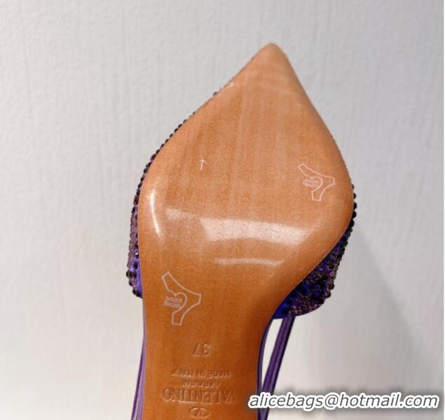 Hot Style Valentino VLogo Slingback Pumps 8cm in Toile Iconographe Strass Dark Purple 612052