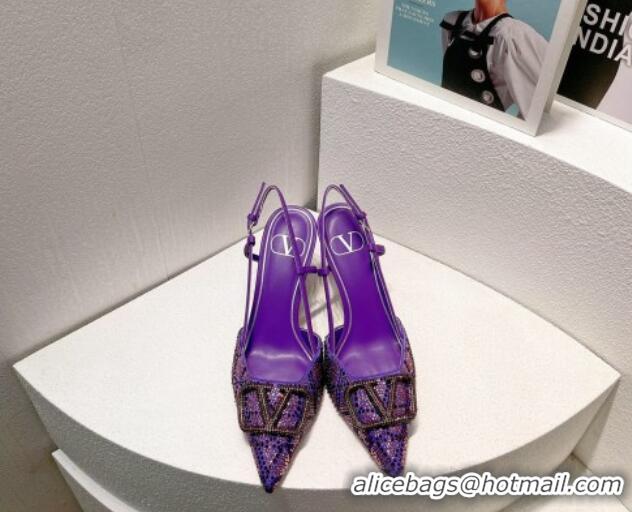 Hot Style Valentino VLogo Slingback Pumps 8cm in Toile Iconographe Strass Dark Purple 612052