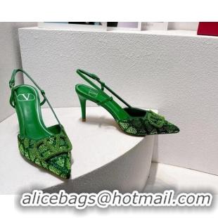 Sophisticated Valentino VLogo Slingback Pumps 8cm in Toile Iconographe Strass Green/Dark 612053