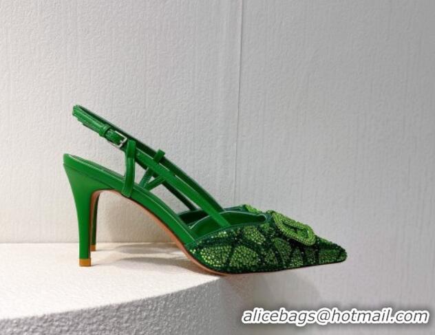 Sophisticated Valentino VLogo Slingback Pumps 8cm in Toile Iconographe Strass Green/Dark 612053