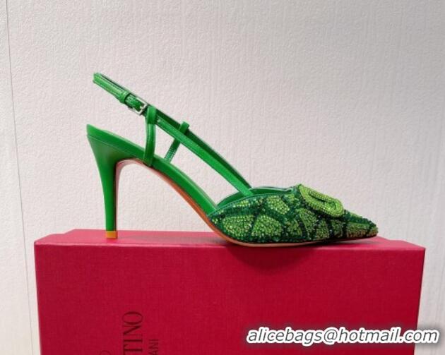 Sophisticated Valentino VLogo Slingback Pumps 8cm in Toile Iconographe Strass Green/Dark 612053