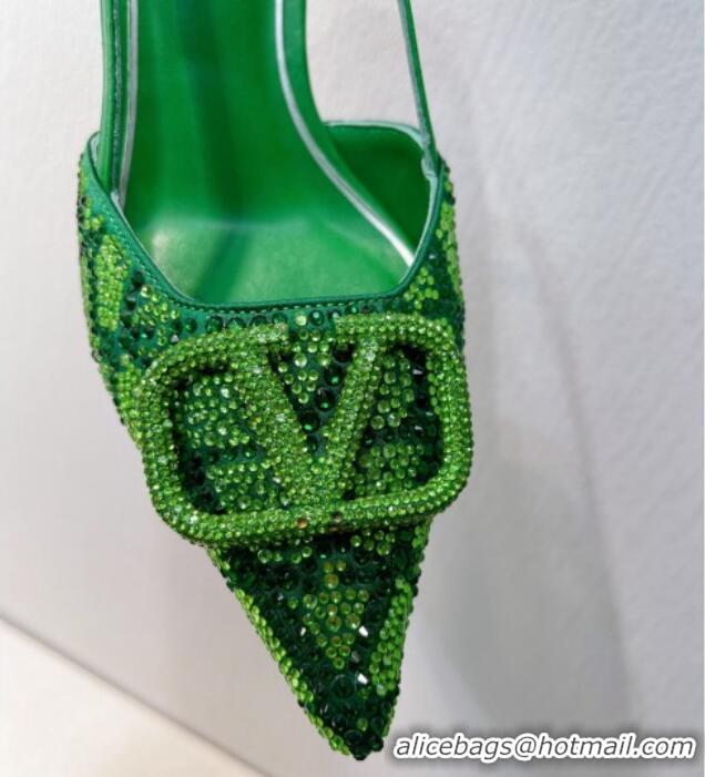 Sophisticated Valentino VLogo Slingback Pumps 8cm in Toile Iconographe Strass Green/Dark 612053