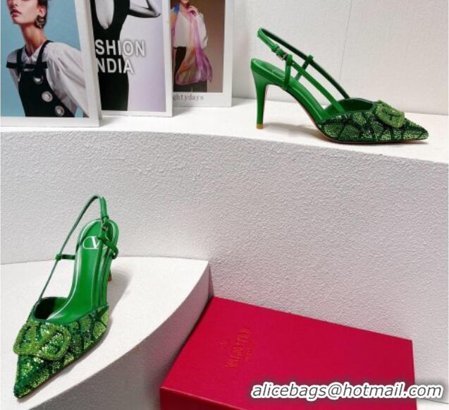 Sophisticated Valentino VLogo Slingback Pumps 8cm in Toile Iconographe Strass Green/Dark 612053