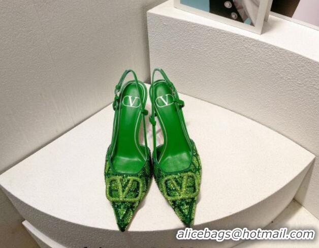 Sophisticated Valentino VLogo Slingback Pumps 8cm in Toile Iconographe Strass Green/Dark 612053