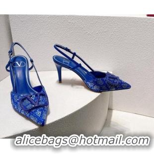 Stylish Valentino VLogo Slingback Pumps 8cm in Toile Iconographe Strass Sky Blue 612054