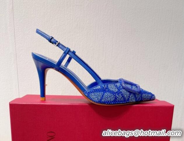 Stylish Valentino VLogo Slingback Pumps 8cm in Toile Iconographe Strass Sky Blue 612054