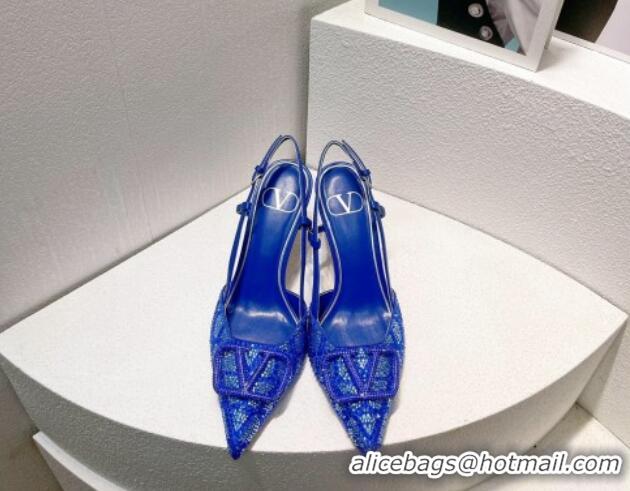 Stylish Valentino VLogo Slingback Pumps 8cm in Toile Iconographe Strass Sky Blue 612054