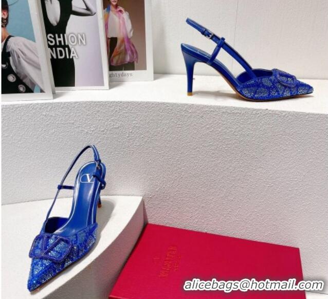 Stylish Valentino VLogo Slingback Pumps 8cm in Toile Iconographe Strass Sky Blue 612054