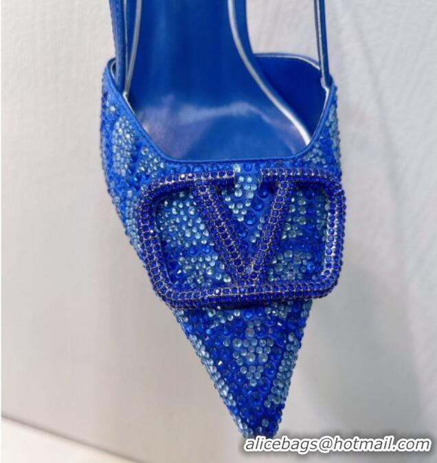 Stylish Valentino VLogo Slingback Pumps 8cm in Toile Iconographe Strass Sky Blue 612054