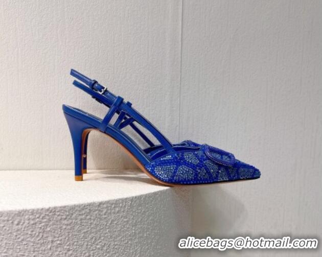 Stylish Valentino VLogo Slingback Pumps 8cm in Toile Iconographe Strass Sky Blue 612054