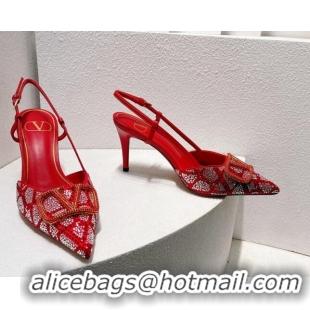 Pretty Style Valentino VLogo Slingback Pumps 8cm in Toile Iconographe Strass Red 612055