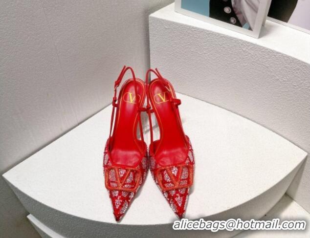 Pretty Style Valentino VLogo Slingback Pumps 8cm in Toile Iconographe Strass Red 612055