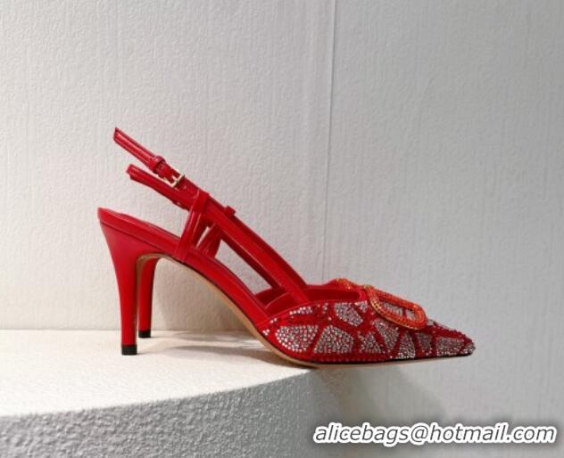 Pretty Style Valentino VLogo Slingback Pumps 8cm in Toile Iconographe Strass Red 612055