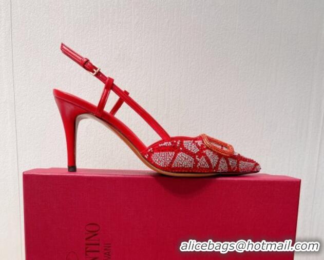 Pretty Style Valentino VLogo Slingback Pumps 8cm in Toile Iconographe Strass Red 612055