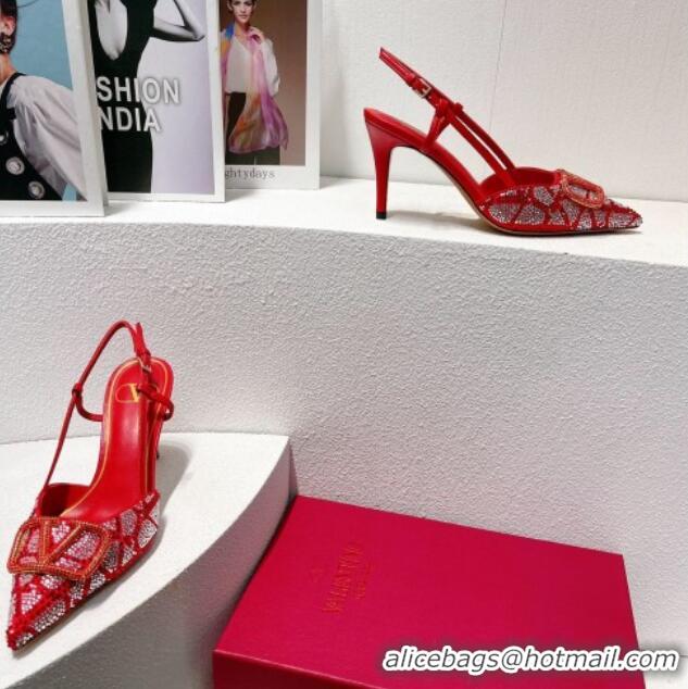 Pretty Style Valentino VLogo Slingback Pumps 8cm in Toile Iconographe Strass Red 612055