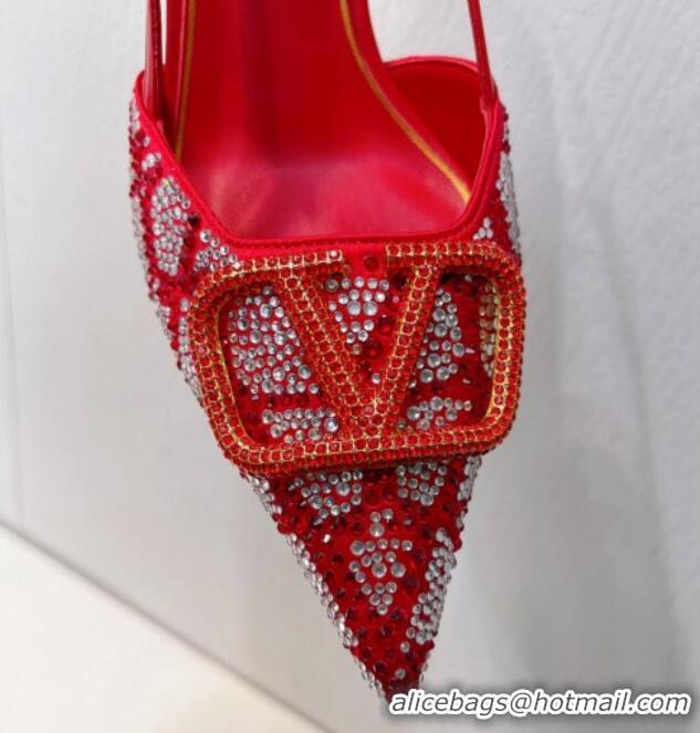 Pretty Style Valentino VLogo Slingback Pumps 8cm in Toile Iconographe Strass Red 612055