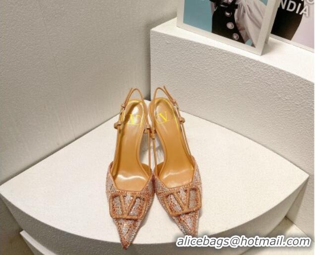 Good Product Valentino VLogo Slingback Pumps 8cm in Toile Iconographe Strass Apricot 612056