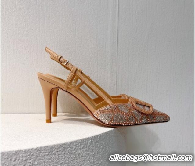 Good Product Valentino VLogo Slingback Pumps 8cm in Toile Iconographe Strass Apricot 612056