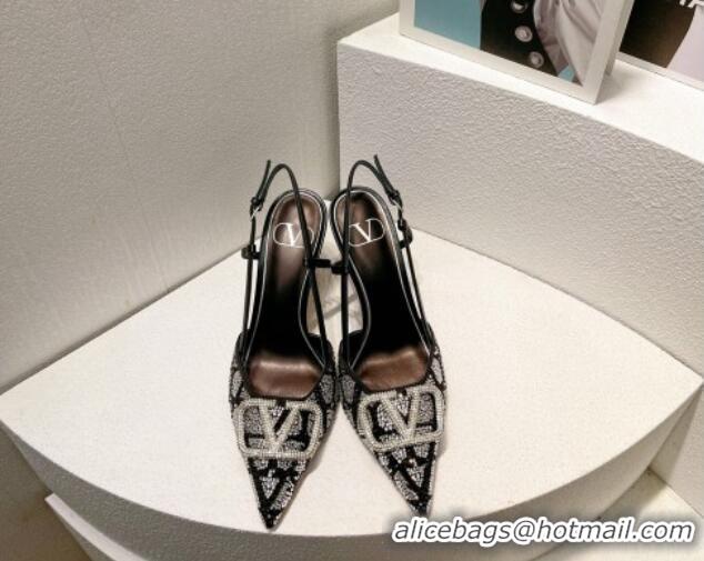 Best Product Valentino VLogo Slingback Pumps 8cm in Toile Iconographe Strass Black/Silver 612057