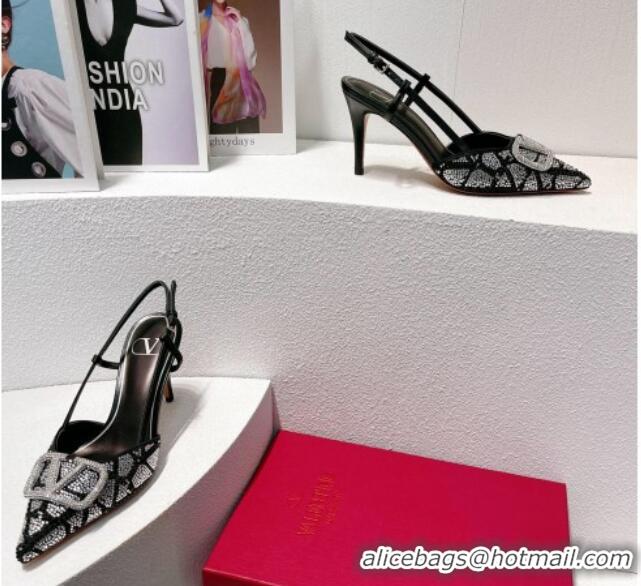 Best Product Valentino VLogo Slingback Pumps 8cm in Toile Iconographe Strass Black/Silver 612057