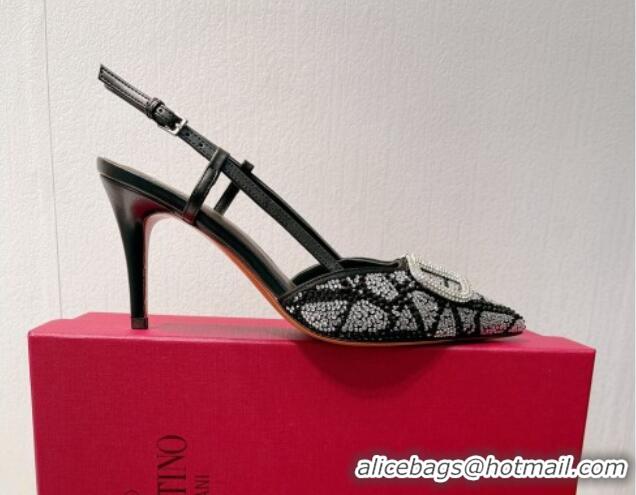 Best Product Valentino VLogo Slingback Pumps 8cm in Toile Iconographe Strass Black/Silver 612057