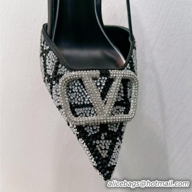 Best Product Valentino VLogo Slingback Pumps 8cm in Toile Iconographe Strass Black/Silver 612057