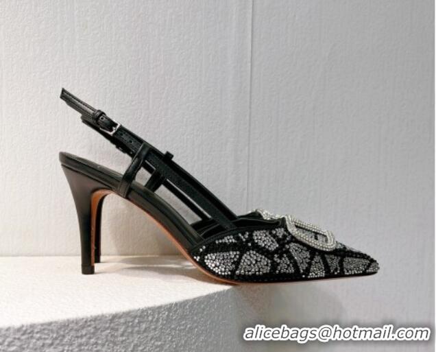 Best Product Valentino VLogo Slingback Pumps 8cm in Toile Iconographe Strass Black/Silver 612057