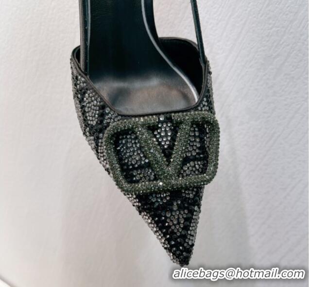 Top Grade Valentino VLogo Slingback Pumps 8cm in Toile Iconographe Strass Black/Green 612058