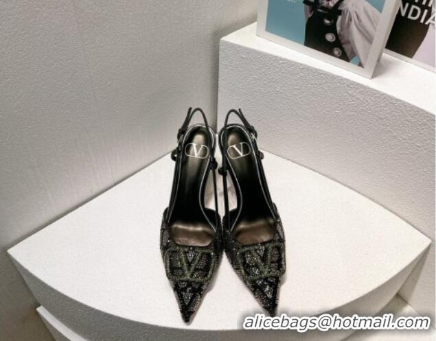 Top Grade Valentino VLogo Slingback Pumps 8cm in Toile Iconographe Strass Black/Green 612058